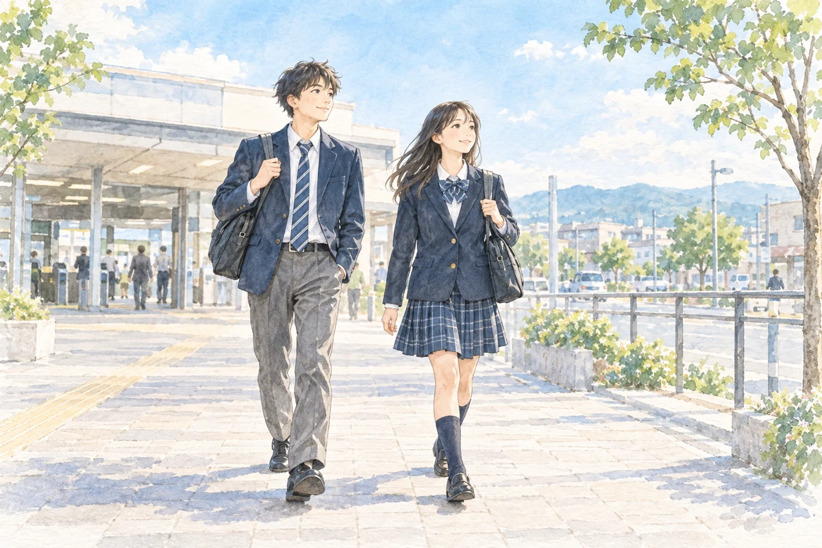 駅から自習室へ向かって歩く高校生